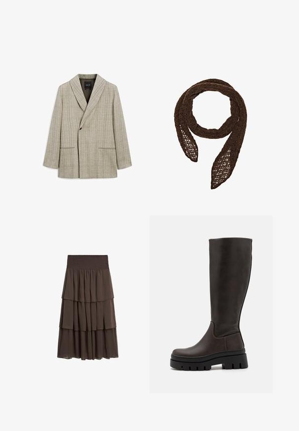Blazer beige clair avec un motif à carreaux. Dispose d'un col châle, d'une fermeture par bouton central et de deux poches avant. Finition textile lisse.; Massimo Dutti SNAKESKIN PRINT GARMENT WITH RUFFLES - Blouse - beige; Massimo Dutti LONG RUFFLED - Jupe trapèze - mottled dark brown; Bottes en cuir marron montantes jusqu'au genou avec une semelle noire épaisse et peu de détails de couture. Design épuré avec une texture lisse.; Massimo Dutti Écharpe - brown; Sac à main en cuir marron avec deux poignées robustes, de forme rectangulaire, texture lisse et fermeture zippée. Design minimaliste sans motifs visibles.