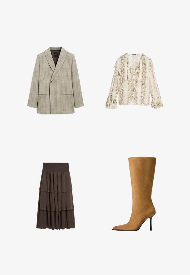 Lys beige blazer med et rutenetmønster. Har en sjalkrave, midterknaplukning og to forlommer. Glat tekstilfinish.; Massimo Dutti SNAKESKIN PRINT GARMENT WITH RUFFLES - Bluse - beige; Massimo Dutti LONG RUFFLED - A-snit nederdel - mottled dark brown; Knæhøje suedesko i kamelfarve med spids tå og en tynd høj hæl. Glat tekstur og slank silhuet med minimal detaljering.