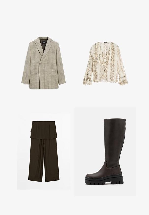 Světlobéžový blejzr s kostkovaným vzorem. Má šálový límec, zapínání na středový knoflík a dvě přední kapsy. Hladký textilní povrch.; Massimo Dutti SNAKESKIN PRINT GARMENT WITH RUFFLES - Blůza - beige; Široké kalhoty z tmavě hnědé tkaniny s vrstveným designem pasu. Hladký povrch, čisté linie a pohodlný střih. Bez viditelného kování.; Hnědé kožené vysoké boty do kolen s masivní černou platformou a minimálními detaily šití. Elegantní design s hladkým povrchem.