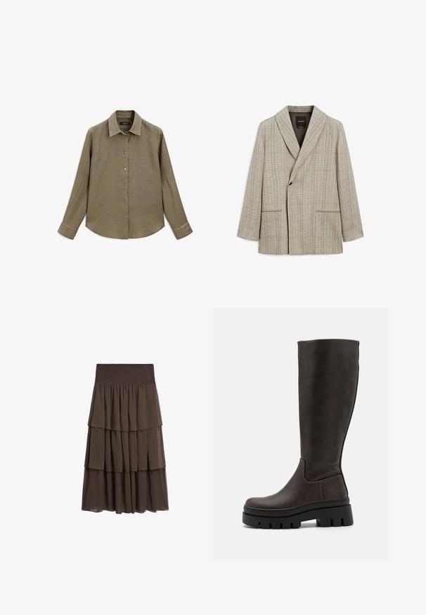 Helle beige Blazer mit rautenförmigem Muster. Verfügt über einen Schalkragen, einen zentralen Knopfverschluss und zwei Fronttaschen. Glatte Textiloberfläche.; Langärmliges, olivgrünes Hemd mit Kragen, Knopfverschluss und glattem, strukturiertem Stoff. Verfügt über einen abgerundeten Saum und geknöpfte Manschetten.; Massimo Dutti LONG RUFFLED - A-Linien-Rock - mottled dark brown; Braune Leder-Stiefel bis zum Knie mit einer kräftigen schwarzen Plateausohle und minimalen Nähten. Schlankes Design mit glatter Textur.