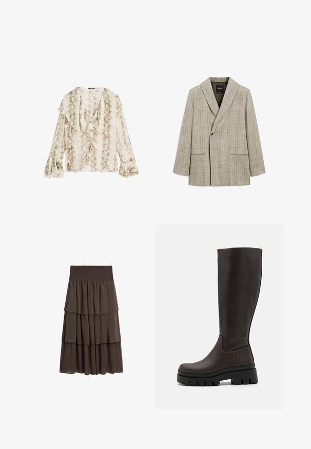 Lys beige blazer med et rutenetmønster. Har en sjalkrave, midterknaplukning og to forlommer. Glat tekstilfinish.; Massimo Dutti SNAKESKIN PRINT GARMENT WITH RUFFLES - Bluse - beige; Massimo Dutti LONG RUFFLED - A-snit nederdel - mottled dark brown; Brune læder knæhøje støvler med en kraftig sort platformsål og minimale syninger. Elegant design med glat tekstur.