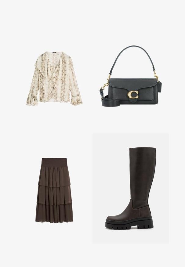 Blazer beige chiaro con motivo a griglia. Presenta un colletto sciallato, chiusura centrale con bottone e due tasche frontali. Finitura in tessuto morbido.; Massimo Dutti SNAKESKIN PRINT GARMENT WITH RUFFLES - Camicetta - beige; Massimo Dutti LONG RUFFLED - Gonna a campana - mottled dark brown; Stivali alti in pelle marrone con una robusta suola nera a piattaforma e dettagli di cucitura minimi. Design elegante con una superficie liscia.; Borsa a tracolla in pelle nera con accessori in metallo dorato, dotata di una chiusura distintiva, di una tracolla rimovibile e di una superficie texturizzata.