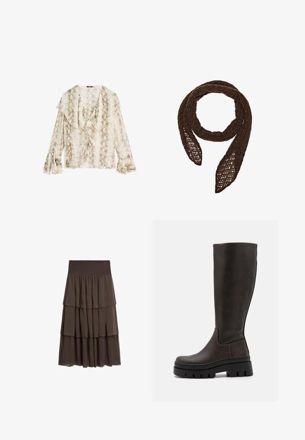 Lys beige blazer med et rutenetmønster. Har en sjalkrave, midterknaplukning og to forlommer. Glat tekstilfinish.; Massimo Dutti SNAKESKIN PRINT GARMENT WITH RUFFLES - Bluse - beige; Massimo Dutti LONG RUFFLED - A-snit nederdel - mottled dark brown; Brune læder knæhøje støvler med en kraftig sort platformsål og minimale syninger. Elegant design med glat tekstur.; Massimo Dutti Sjal / Tørklæder - brown; Brun lædertaske med to robuste håndtag, rektangulær form, glat tekstur og lynlås lukning. Minimalistisk design uden synlige mønstre.