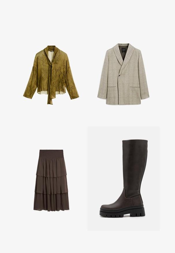 Light beige blazer with a grid pattern. Features a shawl collar, center button closure, and two front pockets. Smooth textile finish.; Sheer olive green blouse with a snake print pattern, featuring a tied neckline, long sleeves, and a cropped design.; Massimo Dutti LONG RUFFLED - A-line skirt - mottled dark brown; Brown leather knee-high boots with a chunky black platform sole and minimal stitching details. Sleek design with smooth texture.