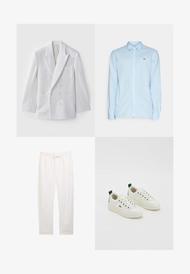Biely dvojradový blejzer s dvoma prednými vreckami, klopovým golierom a vyšívanou nášivkou na hrudi. Hladká textúra, prispôsobený strih.; Svetlo modrá košeľa s dlhým rukávom vyrobená z hladkej látky, s klasickým golierom, zapínaním na gombíky na prednej strane a malým zeleným logom na hrudi.; Biele voľné lounge nohavice s elastickým pásom a šnúrkou, ktoré majú bočné vrecká a hladký, jemný povrch.; Biele kožené tenisky so zelenými akcentmi, dizajn na šnurovanie, zlaté očká a textúrované panely. Hrubá krémová gumová podrážka.