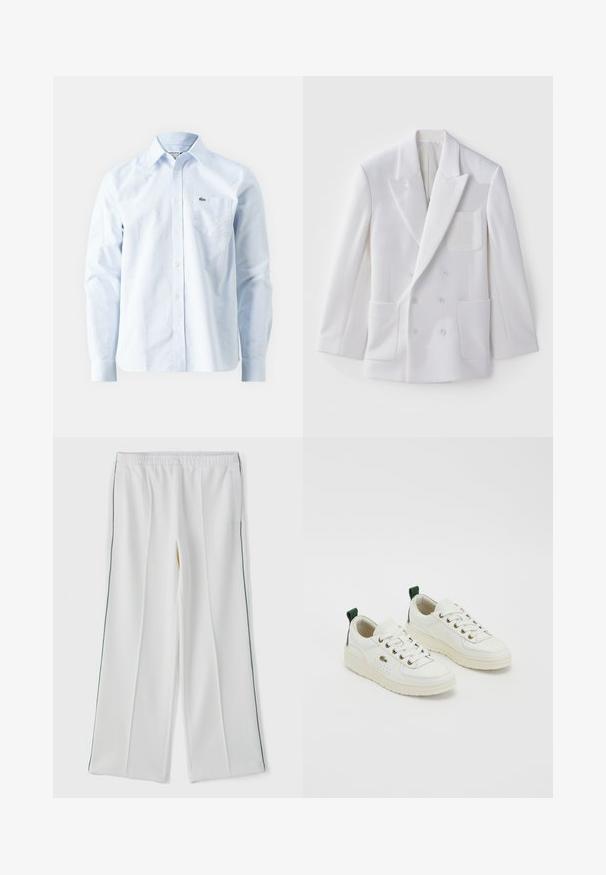 Baltas divrindu žakets ar divām priekšējām kabatām, noformētām atloks, un izšūtu uzplecu uz krūtīm. Gluda tekstūra, pielāgota piegriezuma.; Gai zilā strīpainā krekla krekls no kokvilnas, ar pogu leju, garām piedurknēm un mazu izšūtu logotipu uz krūšu kabatas.; Baltas, plaša kāja bikses ar elastīgu jostu, ar sānu kabatām un kontrastējošu zaļu apdari gar malām. Gluda auduma tekstūra.; Baltas ādas sporta apavi ar zaļiem akcentiem, saistīties paredzēts dizains, zeltainas acs un teksturēti paneļi. Bieza krēmkrāsas gumijas zole.