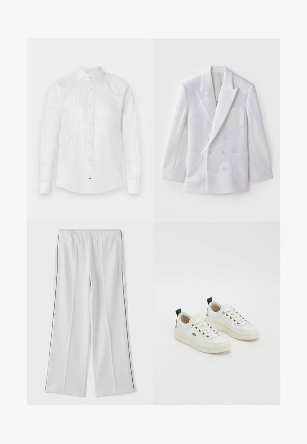 Balta dvigubo užsegimo švarkas su dviem priekiniais kišenėmis, įpjovinėmis apykaklėmis ir siuvinėtu ženkliuku ant krūtinės. Lygus audinys, pritaikytas siluetas.; Balti ilgomis rankovėmis marškiniai, pagaminti iš tekstūruoto audinio, pasižymintys švelniu raštu, klasikinio modelio apykakle ir perlų spalvos mygtukais priekyje.; Baltos plačios kelnės su elastinga juosmena, turinčios šonines kišenes ir kontrastingą žalią apvadą šonuose. Glotni audinio tekstūra.; Baltos odinės sportinės bateliai su žaliais akcentais, raišteliais, auksinėmis akėčiomis ir tekstūruotais paviršiais. Storis kreminės spalvos guminis padas.
