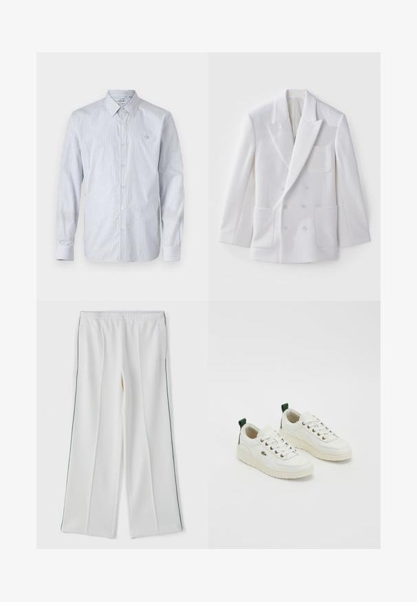 Valkoinen kaksirivinen bleiseri, jossa on kaksi etutaskua, sakarat niskassa ja kirjailtu logo rinnassa. Sileä rakenne, hyvin istuva.; Raidalliset pitkät hihat -paita vaaleansinisestä ja valkoisesta puuvillasekoitteesta. Mukana napitus, klassinen kaulus ja pieni brodeerattu logo rinnassa.; Valkoiset leveälahkeiset housut, joissa on joustava vyötärö, sivutaskut ja kontrastivihreä trimmi kyljissä. Sujuva kangas.; Valkoiset nahkasneakersit, joissa on vihreitä yksityiskohtia, nauhakiinnitys, kultaiset silmukat ja tekstuuripaneelit. Paksu kermavärinen kumipohja.