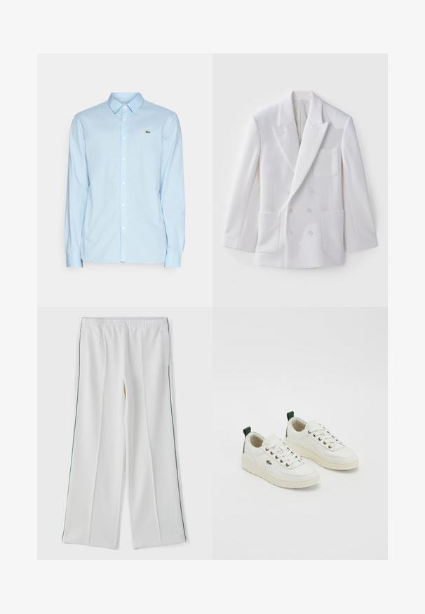 Fehér, dupla breasted blazer, két elülső zsebbel, csúcsos hajtókákkal és hímzett folttal a mellkasán. Simaszerkezet, testhezálló kialakítás.; Világoskék, hosszú ujjú ing sima anyagból, klasszikus gallérral, gombos elülső résszel és egy kis zöld logóval a mellkason.; Fehér, bő szárú nadrág rugalmas derékpánttal, oldalsó zsebekkel és kontrasztos zöld díszítéssel az oldalán. Sima szövet textúra.; Fehér bőr sportcipők zöld díszítéssel, fűzős kialakítással, arany fűzőlyukakkal és textúrázott panelek. Vastag tejszín színű gumitalp.