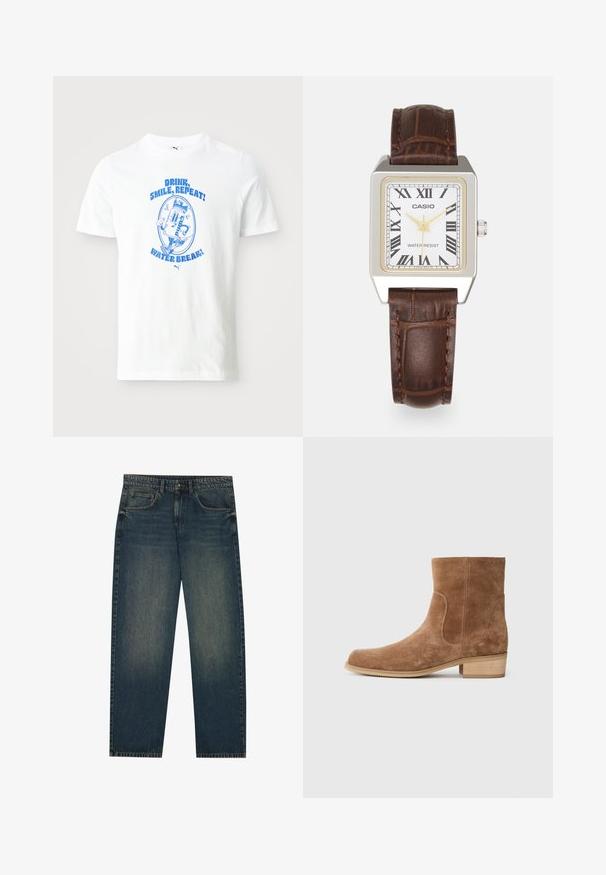 Auduma struktūra bēšā un brūnā zigzaga rakstā, ar baltu oderi, kas redzama kabatā; četri melni pogas malas. ; Balta kokvilnas t-kreklu ar zilu grafiku un tekstu: "DZER, SMAILĒ, ATAKOT!" un "ŪDENS PAUZE!" rotaļīgā fontā. Īsas piedurknes.; Tumši zili džinsi ar taisnu griezumu, piecu kabatu dizainu un nelielu nolietojuma tekstūru uz kājām. Piemēroti ikdienas valkāšanai.; Brūni zamšādas potīšu zābaki ar nedaudz noapaļotu purngalu, zemu kaudzītē koka papēdi, elastīgām sānu paneļiem un gludām šuvēm gar šuvēm.; Casio taisnstūra pulkstenis ar baltu seju, zelta akcentiem, romiešu cipariem un brūnu krokodilu rakstu ādas siksnu. Ūdensizturīga konstrukcija.