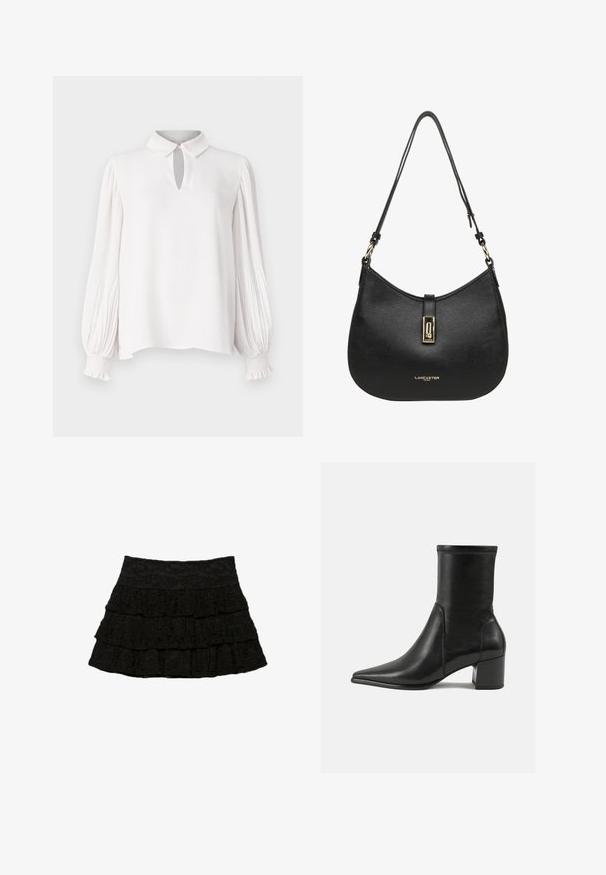 White blazer made of smooth fabric, featuring a single button closure, notch lapels, and two front pockets. Label reads "ICHI."; White blouse with a collar and keyhole detail. Long, pleated sleeves with elastic cuffs. Smooth texture and relaxed fit.; Black tiered skirt featuring three layers of ruffles with a textured floral pattern. Elastic waistband for comfort and fit.; Black ankle boot made of smooth leather, featuring a pointed toe, a block heel, and distinct raised stitching at the top edge.; Black leather shoulder bag with a curved design, featuring a gold-tone hardware clasp and embossed logo on the front. Textured surface.