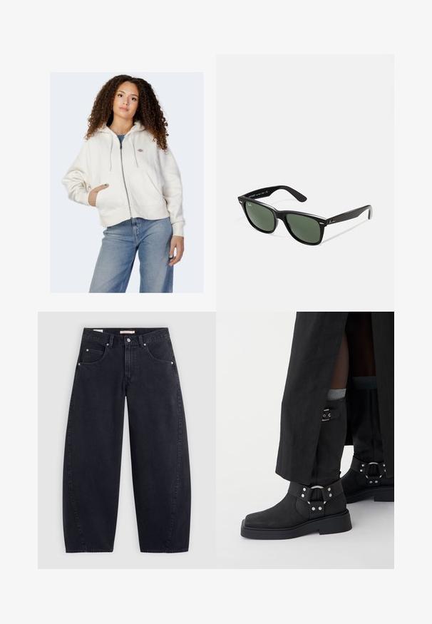 Black, cropped jacket made of shiny, faux leather. Features two chest pockets, a button-up front, and a pointed collar. Smooth texture.; White zip-up hoodie made of soft cotton, featuring a drawstring hood, front pockets, and a small logo on the left chest.; Adidas white striped t-shirt with navy blue accents, featuring a round neck, short raglan sleeves, and bold "adidas" logo on the front.; Black denim wide-leg jeans with a high waist, two front pockets, and silver hardware. Smooth texture, minimal stitching details, and straight cut.; Black ankle boots made of leather with a matte finish, a square toe, and decorative buckles. The sole is chunky and textured.; Black plastic sunglasses with green lenses, square frames, silver accent on the brow, and textured temple arms. Stated brand on inner arm.; Black tote bag with two long handles, a zippered top, and a small green crocodile logo centered below the handles.