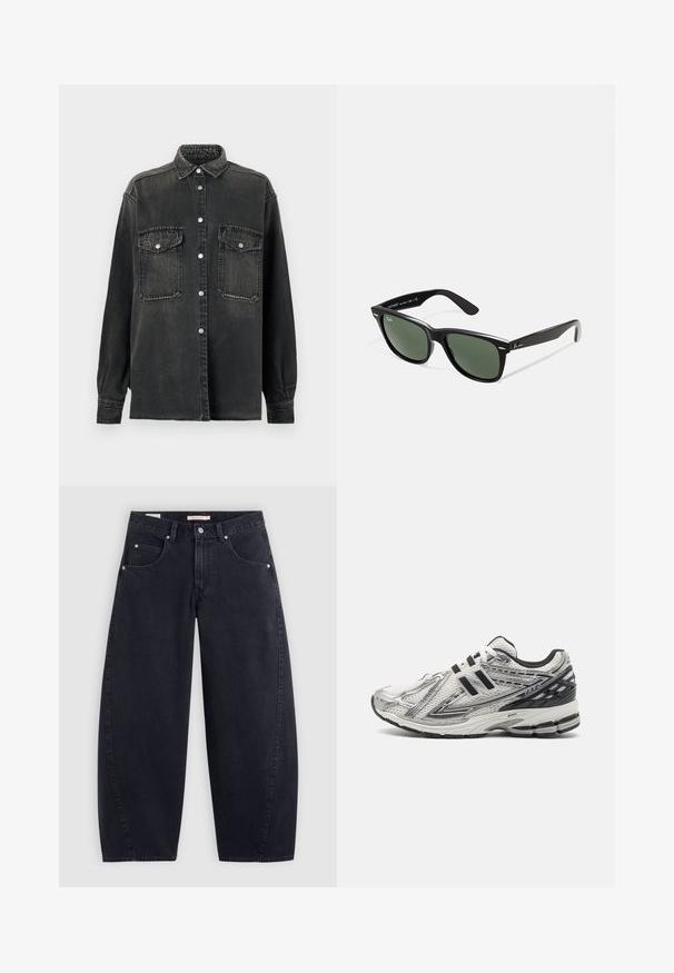 Čierna krátka bunda z lesklej umelenej kože. Má dve náprsné vrecká, zapínanie na gombíky vpredu a špicatý golier. Hladká textúra.; Replay SHIRT - Blúzka so zapínaním na gombíky - dark grey; Biele tričko s bielymi pruhmi Adidas s námorníckymi modrými akcentmi, s okrúhlym výstrihom, krátkymi raglánovými rukávmi a výrazným logom "adidas" na prednej strane.; Čierne široké džíny z denimu s vysokým pásom, dvoma prednými vreckami a striebornými doplnkami. Hladká textúra, minimálne švy a rovný strih.; Pánske bežecké topánky v bielej sieťovine s čiernymi akcentmi, so zmäkčenou podrážkou, šnurovací dizajn a textúrovaný povrch pre lepšiu priľnavosť.; Čierne plastové slnečné okuliare so zelenými šošovkami, štvorcové rámy, strieborný akcent na obočí a textúrované ramenné opierky. Brand uvedený na vnútornej strane ramien.; Čierna taška cez rameno s dvoma dlhými ušami, zipsom na vrchnej strane a malým zeleným krokodílom umiestneným pod uchami.