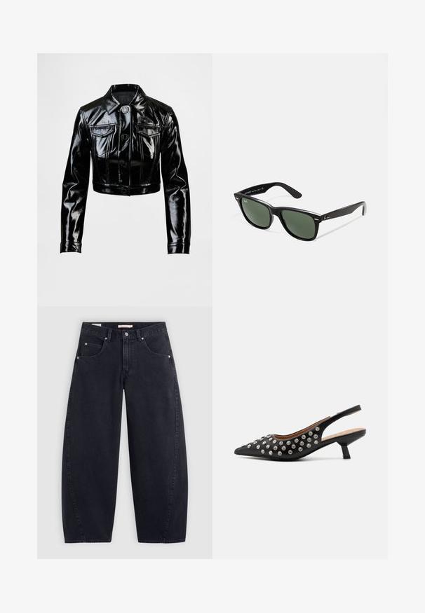 Chaqueta negra corta hecha de cuero sintético brillante. Cuenta con dos bolsillos en el pecho, cierre frontal de botones y cuello puntiagudo. Textura lisa.; Camiseta blanca de Adidas con rayas, detalles en azul marino, cuello redondo, mangas raglán cortas y un destacado logo de "adidas" en el frente.; Jeans anchos de mezclilla negra con cintura alta, dos bolsillos delanteros y herrajes plateados. Textura suave, detalles de costura mínimos y corte recto.; Sandal de tacón negro tipo slingback con punta afilada, adornada con tachuelas plateadas, que cuenta con un tacón bajo y una textura de piel suave.; Gafas de sol de plástico negro con lentes verdes, montura cuadrada, acento plateado en la ceja y brazos texturizados. Marca indicada en el brazo interno.; Bolso tote negro con dos asas largas, parte superior con cremallera y un pequeño logo de cocodrilo verde centrado debajo de las asas.