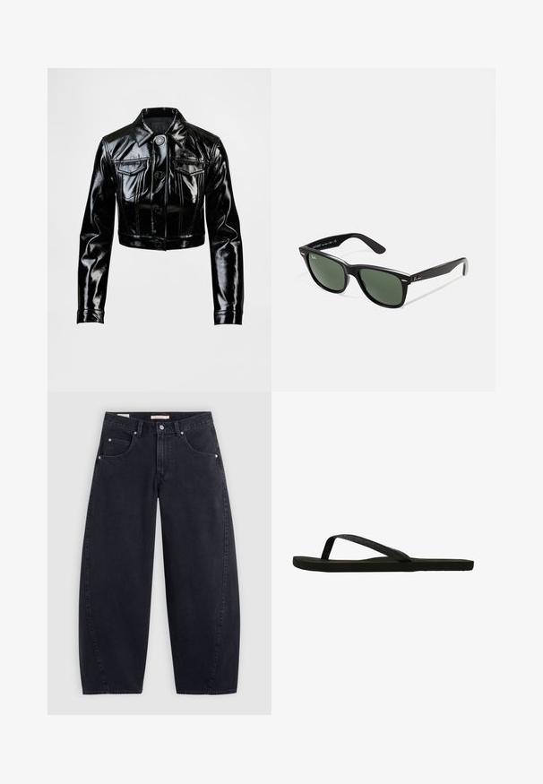 Jachetă neagră scurtă din piele ecologică lucioasă. Are două buzunare la piept, închidere cu nasturi și guler ascuțit. Textură netedă.; Tricou alb cu dungi Adidas, cu accente bleumarin, având guler rotund, mâneci scurte raglan și un logo „adidas” îndrăzneț pe față.; Jeans negri din denim, cu croi larg și talie înaltă, două buzunare frontale și accesorii din metal argintiu. Textură netedă, detalii minime de coasere și croială dreaptă.; Sandale negre cu o curea texturată și talpă plată. Curea cu un subtil luciu. Design simplu, ușoare și formă flexibilă.; Ochelari de soare din plastic negru cu lentile verzi, rame pătrate, accent argintiu pe sprânceană și brațe texturate. Marca este menționată pe brațul interior.; Geantă de umăr neagră, cu două mânere lungi, un fermoar în partea de sus și un mic logo de crocodil verde centrat sub mânere.