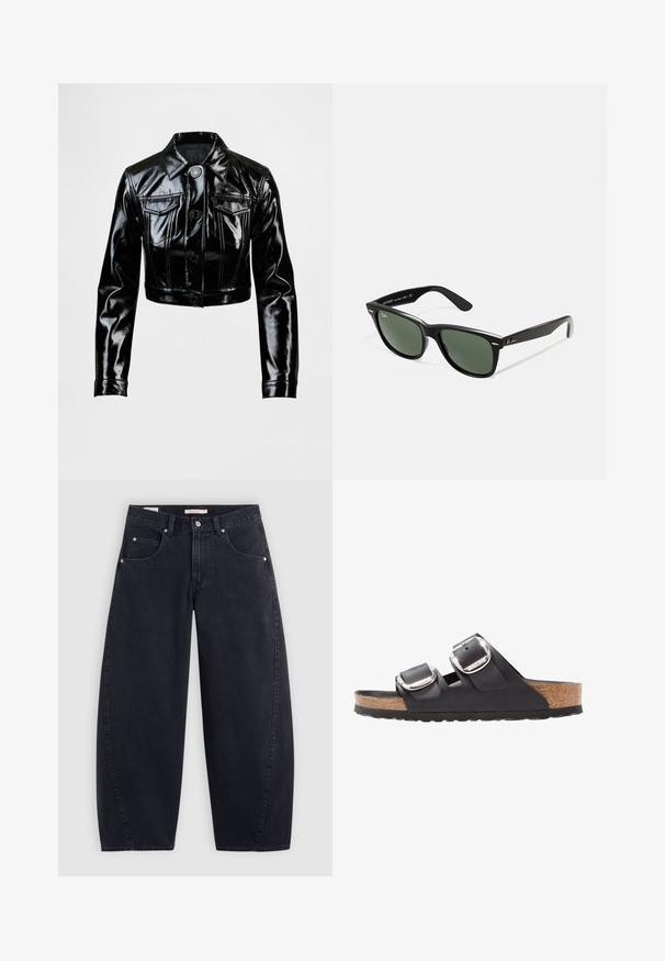 Jachetă neagră scurtă din piele ecologică lucioasă. Are două buzunare la piept, închidere cu nasturi și guler ascuțit. Textură netedă.; Tricou alb cu dungi Adidas, cu accente bleumarin, având guler rotund, mâneci scurte raglan și un logo „adidas” îndrăzneț pe față.; Jeans negri din denim, cu croi larg și talie înaltă, două buzunare frontale și accesorii din metal argintiu. Textură netedă, detalii minime de coasere și croială dreaptă.; Sandale negre cu două curele reglabile, catarame argintii și un talpă din plută pe o talpă din cauciuc texturat negru.; Ochelari de soare din plastic negru cu lentile verzi, rame pătrate, accent argintiu pe sprânceană și brațe texturate. Marca este menționată pe brațul interior.; Geantă de umăr neagră, cu două mânere lungi, un fermoar în partea de sus și un mic logo de crocodil verde centrat sub mânere.