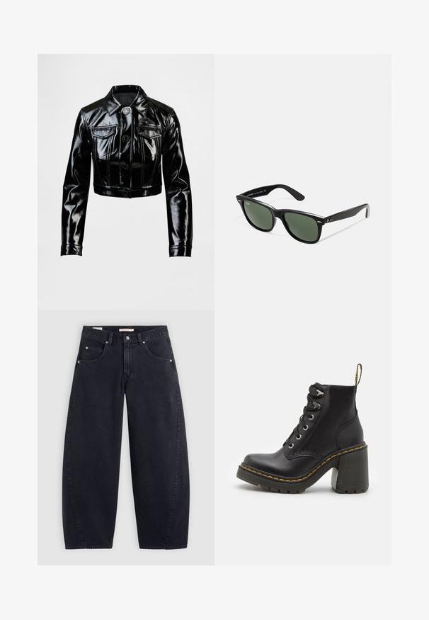 Chaqueta negra corta hecha de cuero sintético brillante. Cuenta con dos bolsillos en el pecho, cierre frontal de botones y cuello puntiagudo. Textura lisa.; Camiseta blanca de Adidas con rayas, detalles en azul marino, cuello redondo, mangas raglán cortas y un destacado logo de "adidas" en el frente.; Jeans anchos de mezclilla negra con cintura alta, dos bolsillos delanteros y herrajes plateados. Textura suave, detalles de costura mínimos y corte recto.; Botín de cuero negro con tacón alto grueso, parte delantera con cordones, ojales de metal y costura amarilla a lo largo de la suela. Suela exterior de goma texturizada.; Gafas de sol de plástico negro con lentes verdes, montura cuadrada, acento plateado en la ceja y brazos texturizados. Marca indicada en el brazo interno.; Bolso tote negro con dos asas largas, parte superior con cremallera y un pequeño logo de cocodrilo verde centrado debajo de las asas.