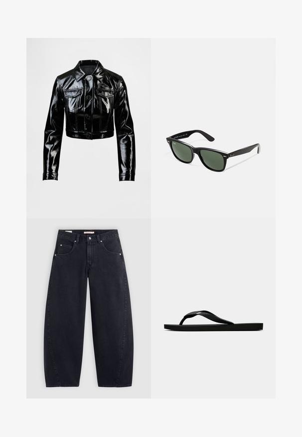 Zwarte, cropped jas gemaakt van glanzend, nep leer. Voorzien van twee borstzakken, een knoopsluiting aan de voorkant en een puntige kraag. Gladde textuur.; Adidas wit gestreept t-shirt met marineblauwe accenten, met een ronde hals, korte raglanmouwen en een duidelijk zichtbaar "adidas" logo op de voorkant.; Zwarte denim wijde pijpen jeans met een hoge taille, twee frontzakken en zilveren hardware. Gladde textuur, minimale stiksels en rechte snit.; Zwarte rubberen flip-flop sandaal met een getextureerde strap en een eenvoudige platte zool, zijaanzicht op een effen lichte achtergrond.; Zwarte plastic zonnebril met groene lenzen, vierkante montuur, zilveren accent op de wenkbrauw en een gestructureerde tempel. Merken vermeld op de binnenkant van de arm.; Zwarte draagtas met twee lange handvatten, een ritssluiting bovenaan en een klein groen krokodillenlogo centraal onder de handvatten.