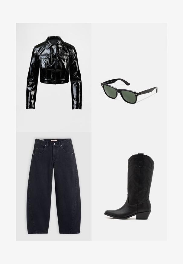 Veste noire courte en similicuir brillant. Comprend deux poches poitrine, une fermeture avant à boutons et un col pointu. Texture lisse.; T-shirt Adidas à rayures blanches avec des accents bleu marine, dotée d'un col rond, de manches raglan courtes et d'un bold "adidas" logo à l'avant.; Jean large en denim noir à taille haute, avec deux poches avant et des accessoires en argent. Texture lisse, détails de couture minimaux et coupe droite.; Botte de cowboy en cuir noir avec un bout pointu, un talon bas empilé et un motif de feuilles embossé complexe sur la tige. Boucle en haut pour un enfilage facile.; Lunettes de soleil en plastique noir avec verres verts, monture carrée, accent argenté sur le sourcil et branches texturées. Marque indiquée sur l'intérieur de la branche.; Sac fourre-tout noir avec deux longues poignées, un dessus zippé et un petit logo de crocodile vert centré sous les poignées.