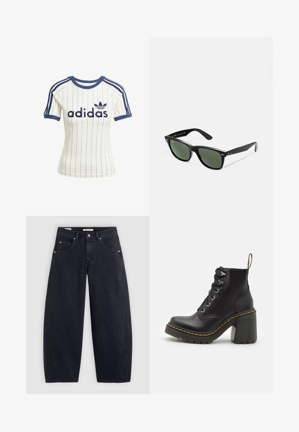 Zwarte, cropped jas gemaakt van glanzend, nep leer. Voorzien van twee borstzakken, een knoopsluiting aan de voorkant en een puntige kraag. Gladde textuur.; Adidas wit gestreept t-shirt met marineblauwe accenten, met een ronde hals, korte raglanmouwen en een duidelijk zichtbaar "adidas" logo op de voorkant.; Zwarte denim wijde pijpen jeans met een hoge taille, twee frontzakken en zilveren hardware. Gladde textuur, minimale stiksels en rechte snit.; Zwarte leren enkelboot met een dikke hoge hak, vetersluiting aan de voorkant, metalen oogjes en gele stiksels langs de zool. Getextureerde rubberen zool.; Zwarte plastic zonnebril met groene lenzen, vierkante montuur, zilveren accent op de wenkbrauw en een gestructureerde tempel. Merken vermeld op de binnenkant van de arm.; Zwarte draagtas met twee lange handvatten, een ritssluiting bovenaan en een klein groen krokodillenlogo centraal onder de handvatten.