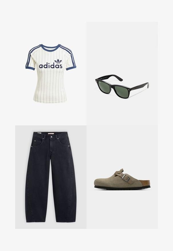 Czarna, krótka kurtka wykonana z błyszczącej, sztucznej skóry. Posiada dwie kieszenie na piersi, zapięcie na guziki z przodu oraz szpiczasty kołnierz. Gładka faktura.; Biała koszulka Adidas w paski z granatowymi akcentami, charakteryzująca się okrągłym dekoltem, krótkimi rękawami raglanowymi oraz wyraźnym logo "adidas" z przodu.; Czarne dżinsowe spodnie szerokie w nogawkach z wysokim stanem, dwoma przednimi kieszeniami i srebrnymi elementami. Gładka tekstura, minimalne detale w szwach i prosty krój.; Zamszowe klapki w jasnym oliwkowym kolorze z formowaną korkową i gumową podeszwą. Posiadają boczny pasek z metalowym sprzączką oraz zaokrąglony czubek.; Czarne plastikowe okulary przeciwsłoneczne z zielonymi szkłami, kwadratowe oprawki, srebrny akcent na brwi oraz fakturowane ramiona temple. Nazwa marki podana na wewnętrznej stronie ramion.; Czarna torba na ramię z dwoma długimi uchwytami, zamkiem błyskawicznym u góry oraz małym zielonym logo krokodyla umieszczonym centralnie poniżej uchwytów.