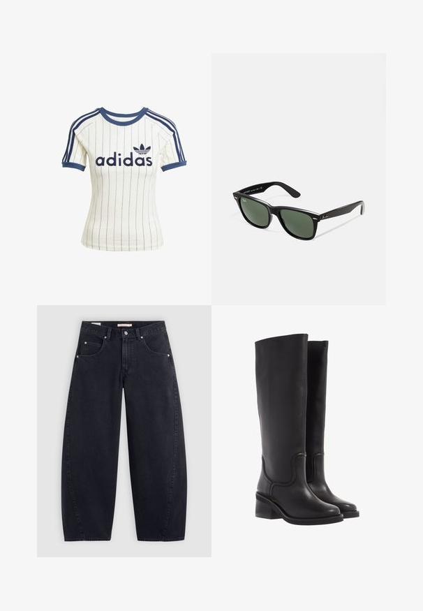 Mustast läikivast kunstnahast lühike jakk. Sellel on kaks rinnataskut, nööbitav eesmine osa ja terava lõikega krae. Siledapind.; Adidase valge triibuline t-särk, millel on tumesinised aksessuaarid, ringkrae, lühikesed raglansleeved ja julge "adidas" logo ees.; Mustad teksast laiad püksid kõrge vöökohaga, kahe esipocketiga ja hõbedaste detailidega. Sile tekstuur, minimaalsed õmblusdetailid ja sirge lõige.; Mustad mustad põlvini saapad siledast mustast nahast, ümarate varvaste ja turske kontsaga. Sisaldab peent õmblust ja voolujoonelist disaini.; Mustad mustan plastiku prillid roheliste läätsedega, ruudukujulised raamid, hõbedane aksent kulmude peal ja tekstuuriga tempelkäed. Brändi nimi on märgitud sisevarrele.; Must musta kott, millel on kaks pikka käepidet, lukuga ülemine osa ja väike roheline krokodilli logo, mis asub keskel käepideme all.