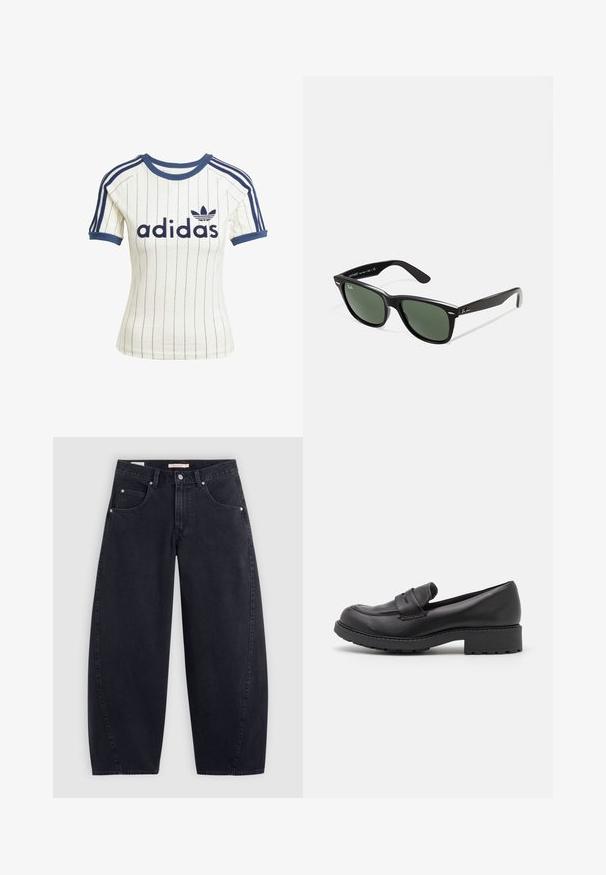 Musta, lyhyt takki kiiltävästä keinonahasta. Siinä on kaksi rintataskua, napitettava etuosa ja terävä kaulus. Sileä pinta.; Adidas valkoinen raidallinen t-paita tummansinisillä yksityiskohdilla, jossa on pyöreä kaula-aukko, lyhyet raglan-hihat ja rohkea "adidas"-logo edessä.; Mustat farkut, joissa on leveät lahkeet ja korkea vyötärö, kaksi etutaskua ja hopeiset yksityiskohdat. Sujuva pinta, minimaalinen ompelu ja suora leikkaus.; Musta nahkalettopohjaiset kengät, joissa on pyöristetty kärki, kaksi koristeellista nauhaa yläosassa ja paksu kumipohja, jossa on urat.; Mustat muoviset aurinkolasit, joissa on vihreät linssit, neliönmuotoiset kehykset, hopeinen yksityiskohta kulmakarvojen kohdalla sekä tekstuuriset temppeleiden varret. Brändi ilmoitettu sisävarsissa.; Musta kangaskassi, jossa on kaksi pitkää kahvaa, vetoketjullinen yläosa ja pieni vihreä krokotiililogo keskellä kahvojen alla.