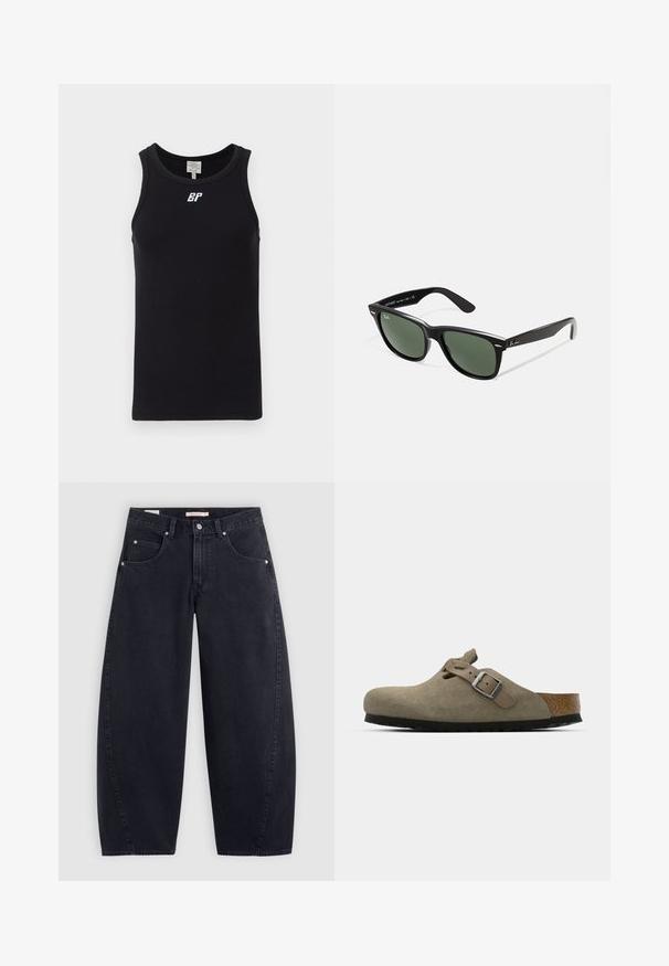 Black, cropped jacket made of shiny, faux leather. Features two chest pockets, a button-up front, and a pointed collar. Smooth texture.; Black sleeveless tank top made of ribbed fabric, featuring a round neckline and a white logo on the chest. Simple design with no patterns.; Black denim wide-leg jeans with a high waist, two front pockets, and silver hardware. Smooth texture, minimal stitching details, and straight cut.; Suede clogs in light olive green with a molded cork and rubber sole. Features a side strap with a metal buckle and a rounded toe.; Black plastic sunglasses with green lenses, square frames, silver accent on the brow, and textured temple arms. Stated brand on inner arm.; Black tote bag with two long handles, a zippered top, and a small green crocodile logo centered below the handles.