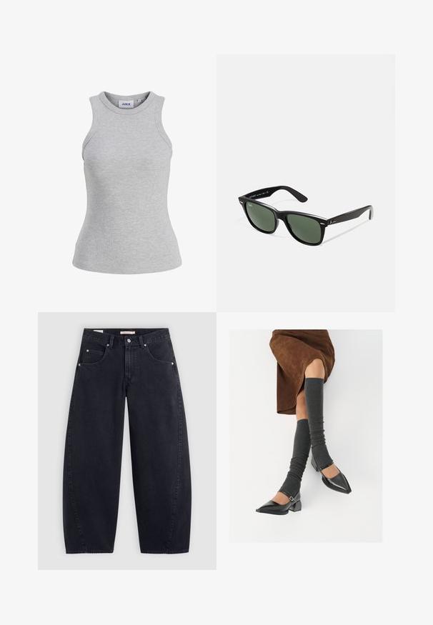 Fekete, rövidített dzseki csillogó műbőrből. Két mellzsebbel, gombos előlappal és hegyes gallérral rendelkezik. Sima tapintású.; Szürke bordázott ujjatlan trikó, kerek nyakkivágással és testhez simuló fazonnal. A JJXX márka címkéjével rendelkezik.; Fekete farmer széles szárú nadrág magas derékkal, két elülső zsebből és ezüst színű fémrészekből áll. Simább anyagú, minimális varrási részletekkel és egyenes vonalvezetéssel.; Fekete lakk bőrből készült, hegyes orrú cipők, tömbsarkúakkal és bokapánttal, szürke bordás lábszármelegítőkkel és barna velúr szoknyával párosítva.; Fekete műanyag napszemüveg zöld lencsékkel, négyzet alakú kerettel, ezüst díszítéssel a keret felső részén, valamint texturált szárakkal. A márka neve a belső száron található.; Fekete válltáska két hosszú fogantyúval, cipzáras tetejével és egy kis zöld krokodil logóval a fogantyúk alatt középen.