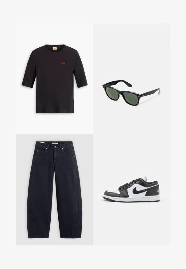 Black, cropped jacket made of shiny, faux leather. Features two chest pockets, a button-up front, and a pointed collar. Smooth texture.; Black cotton T-shirt with a round neckline and short sleeves. Features a small red Levi's logo on the chest. Soft texture.; Black denim wide-leg jeans with a high waist, two front pockets, and silver hardware. Smooth texture, minimal stitching details, and straight cut.; Black and white Nike low-top sneakers feature a smooth leather upper, round toe, lace-up closure, and a patterned rubber outsole.; Black plastic sunglasses with green lenses, square frames, silver accent on the brow, and textured temple arms. Stated brand on inner arm.; Black tote bag with two long handles, a zippered top, and a small green crocodile logo centered below the handles.