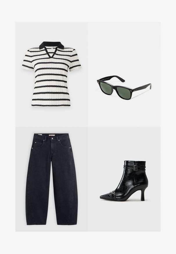 Chaqueta negra corta hecha de cuero sintético brillante. Cuenta con dos bolsillos en el pecho, cierre frontal de botones y cuello puntiagudo. Textura lisa.; Camisa blanca de manga corta con rayas horizontales negras y un cuello de polo negro. Diseño de cuello en V con textura acanalada.; Jeans anchos de mezclilla negra con cintura alta, dos bolsillos delanteros y herrajes plateados. Textura suave, detalles de costura mínimos y corte recto.; Tamaris Botines de cuña - black; Gafas de sol de plástico negro con lentes verdes, montura cuadrada, acento plateado en la ceja y brazos texturizados. Marca indicada en el brazo interno.
