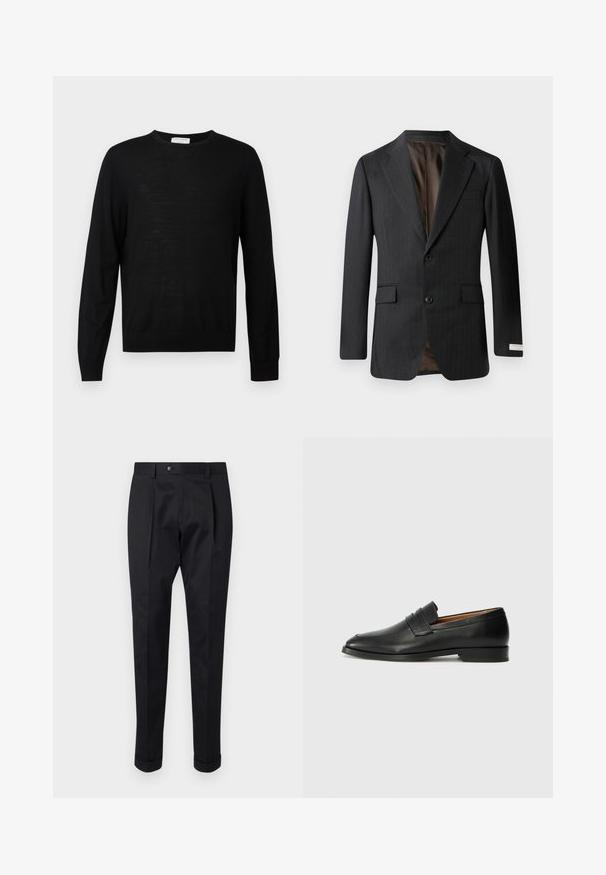 Blazer grigio scuro con righe sottili, colletto a punta, due bottoni e due tasche frontali. Foderato in un tessuto marrone a contrasto.; Maglione nero a maniche lunghe realizzato in tessuto morbido, con scollo rotondo, polsini a coste e orlo dritto. Design minimalista, senza pattern.; Pantaloni neri realizzati in un tessuto liscio, con una piega sul davanti, chiusura con bottone e risvolti alla caviglia.; Mocassino in pelle nera con punta arrotondata, dettagli cuciti sottili e tacco basso, caratterizzato da una texture liscia e un design minimalista.