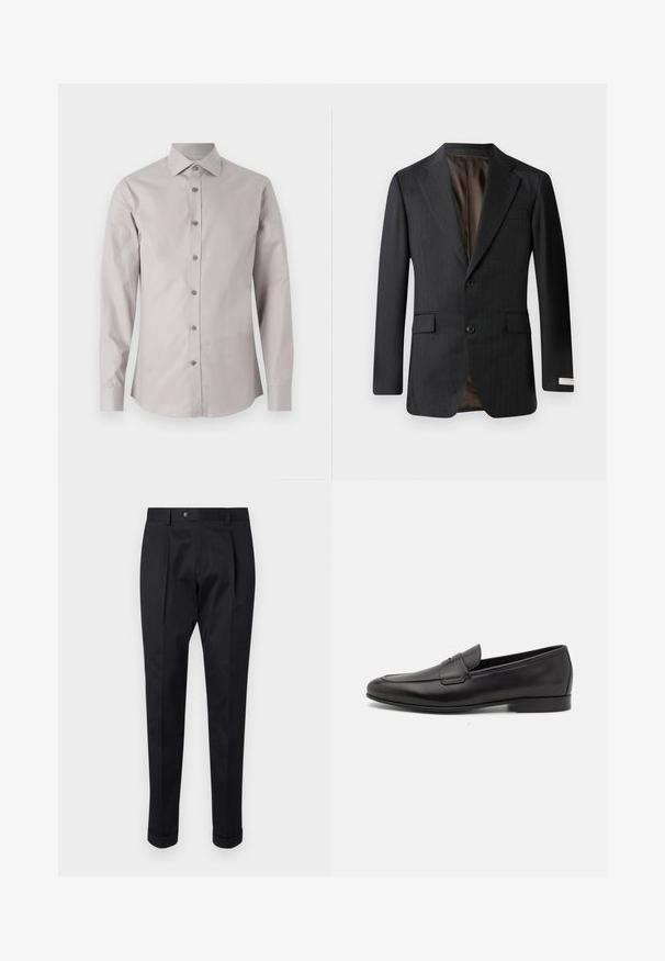 Blazer riscado em cinza escuro com lapela de bico, dois botões e dois bolsos frontais. Forrado em um tecido marrom contrastante.; Camisa botão cinza-claro com colarinho clássico, mangas compridas e botões cinza combinando. Tecido suave e corte ajustado.; Calças pretas feitas de um tecido suave, com um vinco na frente, fechamento com botão e punhos dobrados no tornozelo.; Sapatilha masculina em couro preto, com salto baixo e um design clássico com tira de moeda, apresentada em perfil lateral sobre um fundo branco.