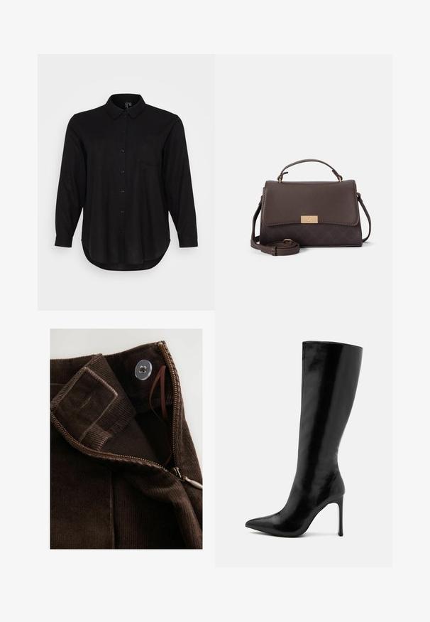 Blazer marron au design ajusté, avec un revers en notch, une fermeture à bouton unique et deux poches avant. Texture lisse et coupe classique.; Chemise noire à manches longues avec un col, une poche avant et un ourlet arrondi. Fabriquée dans un tissu lisse et léger.; Tissu en velours côtelé marron avec une texture lisse, doté d'une fermeture éclair, d'un bouton et d'une sangle intérieure pour un maintien sécurisé.; Bottes noires jusqu'aux genoux en cuir verni, avec un bout pointu et un talon aiguille fin. Texture lisse avec un design minimaliste.; Sac à main en faux cuir marron avec un design structuré, une bandoulière détachable et un fermoir doré. Présente un motif texturé à la base.