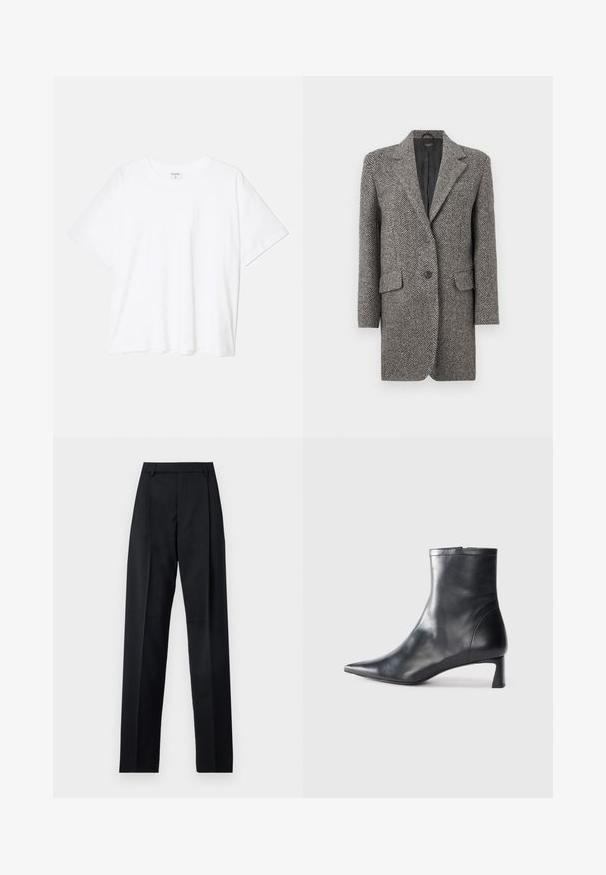 Sötét szürke, halszálka mintás kabát, nyakkivágással, kettő gombbal és elülső zsebekkel. Testre szabott szabású, hosszú ujjú.; Fehér pamut póló rövid ujjal, kerek nyakkivágással, laza fazonnal és varrott szegéllyel. Címke látható a belső nyakrészén.; Fekete nadrág sima anyagból, magas derékkal, széles lábakkal, elülső redőkkel és klasszikus övhurkokkal. Oldalzsebek nem láthatók.; Fekete bőr bokacsizma hegyes orral és letisztult dizájnnal. Alacsony sarka és hátsó cipzáras záródása van. Simának tűnő textúra.