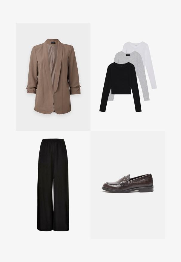 Blazer leggero marrone con revers e maniche a tre quarti. Texture liscia, apertura frontale e design sartoriale senza chiusure.; Tre magliette a maniche lunghe impilate: nera, grigia e bianca. Ognuna ha un colletto rotondo e un design accorciato con tessuto morbido e leggero.; Pantaloni neri a gamba larga realizzati in un tessuto liscio. Presentano una vita elastica e una vestibilità ampia e fluida per comfort e libertà di movimento.; Mocassini in pelle marrone scuro con texture a coccodrillo, tacco basso e dettagli cuciti sul davanti per un design maggiormente elaborato.