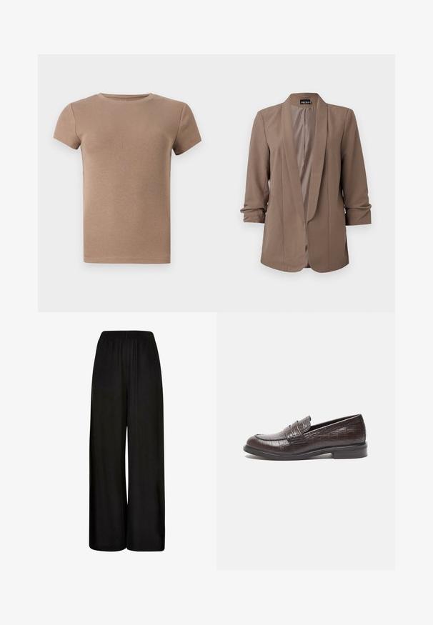 Brun, let blazer med klappenoter og trekvartærmer. Glat tekstur, åben front og skræddersyet design uden lukninger.; Beige ribbet T-shirt med kort ærme og rund halsudskæring i et tætsiddende design. Glat tekstur, uden dekorationer eller mønstre.; Sorte vide benbukser lavet af et glat stof. Har en elastisk talje og en løs, flydende pasform for komfort og bevægelsesfrihed.; Mørkebrune læder loafers med krokodilletekstur, lav hæl og syede detaljer foran for ekstra design.