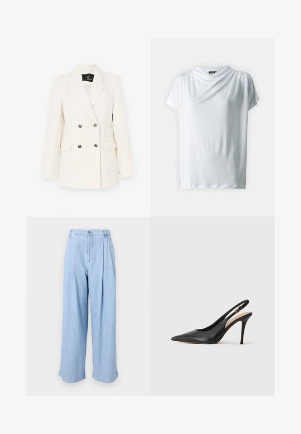 Divkāršas blakus šūts žakete no teksturēta baltā auduma. Iezīmēta ar melnas krāsas pogām, divām priekšējām kabatām un ar izgriezumu uz apkakles.; Balts īsām piedurknēm topiņš ar drapētu dekoltē, izgatavots no viegla auduma. Gluda tekstūra, brīvs griezums un bez redzamām rakstainēm vai akcentiem.; Gaiši zili džinsu bikses ar vertikālām baltām svītrām, plecu priekšpusi, platām kājām un sarullētām malām. Tipiska džinsu pogas un rāvējslēdzēja aizdare.; Melna ādas slingback augstpapēžu kurpe ar norādītu purngalu, gludu tekstūru un smalku siksniņu ar metalizētu sprādzi.