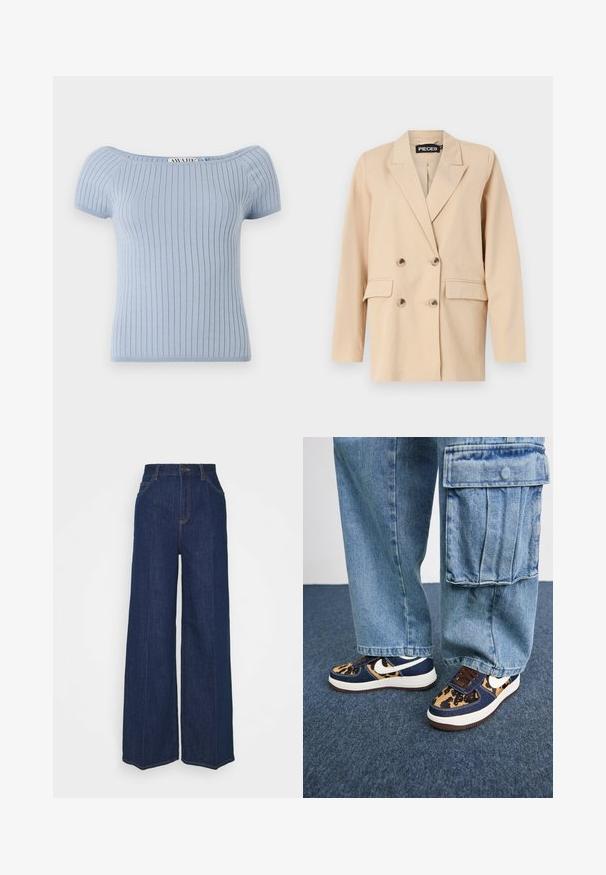 Beige dubultās jostas žakete ar iegrieztu apkakli, kurai ir divi priekšējie kabatas un lieli pogas. Izgatavota no viegla auduma ar gludu tekstūru.; Gaiši zils ribots adīts tops ar īsām pūkainām piedurknēm un plecus atsedzošu kakla līniju. Tam ir pieguļošs siluets un gluda tekstūra.; Augstas jostas līmeņa plaša kāju tumši zila džinsu bikses ar priekšējiem un aizmugurējiem kabatām, poga aizdare un redzami šuvju detaļas.; Tumši zili sporta apavi ar leoparda raksta akcentiem, baltu Nike swoosh, brūnām šņorēm un baltu starpsoļu daļu. Saskaņoti ar gaišiem denim cargo biksēm.