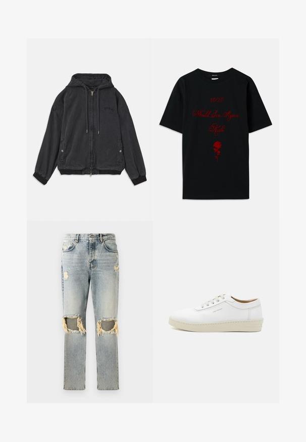 Svart huva-jacka i mjuk tyg, med dragkedja, fickor på sidan och ribbade muddar. Subtil logotypdetalj på bröstet.; Svart bomullströja med röd text: "10/10 Skulle Synda Igen" och en ros grafik. Enkel design med rund halsringning och korta ärmar.; Ljust blå denimjeans med avslappnad passform, med slitna områden och fransade utskärningar vid knäna. Klassisk design med fem fickor.; Vita lädersneakers med texturerad yta, rund tå, beige gummisula och sex grå snörhål, med subtil branding på sidan.