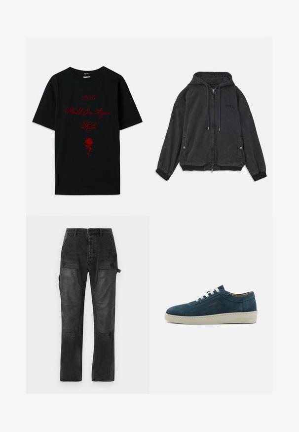 Sort hættetrøje lavet af blødt stof, med lynlåslukning, sidelommer og ribbede manchetter. Diskret logo-detalje på brystet.; Sort bomulds T-shirt med rød tekst: "10/10 Ville synde igen" og en rose grafik. Enkel rund hals design, korte ærmer.; Sorte denimbukser med kontrasterende sorte læderpaneler, lige pasform og subtile slidte detaljer i stoffet.; Blå ruskinds sneakers med rund tå, hvide snørebånd og gummisål. Har diskret søm og et brandaccent på siden.