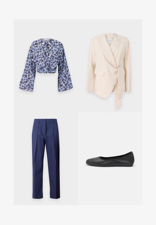 Beige skræddersyet blazermed lange ærmer, indhyllet design, bånd i taljen og to forlommer. Glat tekstur og struktureret form.; Afskåret bluse i let, gennemsigtig stof med et blåt blomstermønster. Har lange, flagrende ærmer og en snoet frontdesign.; Marineblå bukser lavet af let stof, med en lige pasform, foran folder og en glat tekstur.; Sort læderballetsko med rund tå, glat tekstur, minimal syning og et fleksibelt såldesign.
