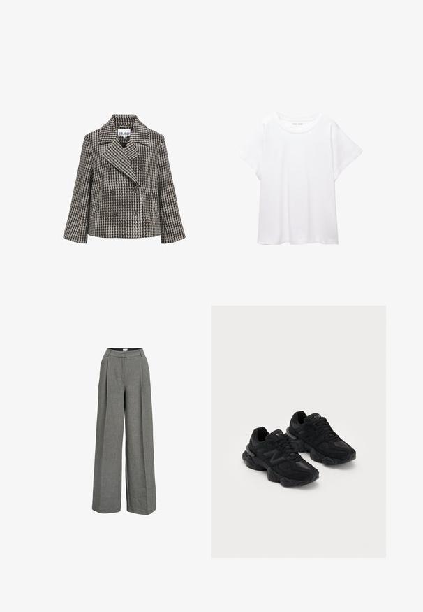 Double-breasted coat in houndstooth pattern, featuring a black and cream color scheme, broad lapels, and four front buttons.; White T-shirt made of soft, lightweight fabric. Features a round neckline and short, wide sleeves with a relaxed fit. No visible patterns.; Gray wide-leg trousers made from lightweight fabric. Features a pleated front, high waist, and a smooth texture.; Black athletic shoes with a textured upper, featuring a prominent "N" logo, cushioned sole, and a sleek, modern silhouette.