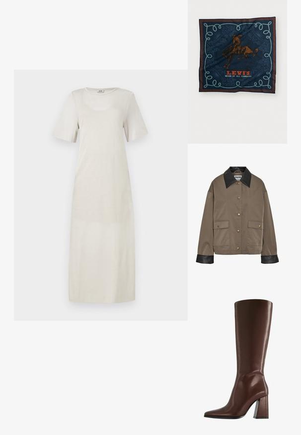 Barna gombos dzseki fekete bőr gallérral és mandzsettákkal, két elöl elhelyezett, patenttal záródó zsebbel.; Világos bézs ruha, puha anyagból készült, rövid ujjú és kerek nyakú. Egyenes, bokáig érő sziluettel rendelkezik.; Barna, térd fölé érő bőr csizma hegyes orral és tömör, átlátszó sarokkal. Simák a felülete, minimalista részletezéssel.; Tengerészkék selyemsál, amelyen egy barna lóherepű grafika, díszes kék kötélminta található, és a „LEVI’S MINDEN KOVBOY ÁLTAL HORDVA” felirat piros színben.