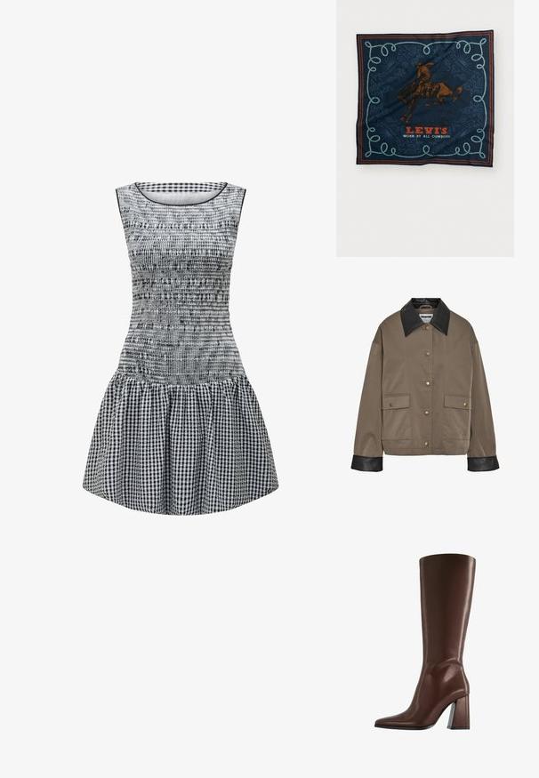 Barna gombos dzseki fekete bőr gallérral és mandzsettákkal, két elöl elhelyezett, patenttal záródó zsebbel.; Fekete-fehér kockás ruha, alakra szabott felsőrésszel, smockolt textúrával és bő szoknyával. Egyszerű kerek nyakkivágás és ujjatlan kialakítás.; Barna bőr térdig érő csizma hegyes orral és vastag, közepes magasságú sarokkal, oldalsó profilból, fehér háttéren.; Tengerészkék selyemsál, amelyen egy barna lóherepű grafika, díszes kék kötélminta található, és a „LEVI’S MINDEN KOVBOY ÁLTAL HORDVA” felirat piros színben.