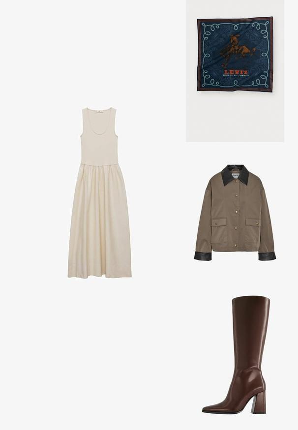 Jachetă maro cu nasturi, cu guler și manșete din piele neagră, având două buzunare frontale cu clapetă și închidere tip snap.; Rochie bej fără mâneci, cu decolteu rotund, cu un corset ajustat și fustă lejeră, fluidă. Țesătură netedă cu o textură moale și un luciu subtil.; Botă din piele maro până la genunchi, cu vârful ascuțit și un toc chunky, transparent. Textură netedă cu detalii minime.; Săcul de mătase bleumarin cu un grafic cu un călăreț pe cal maroniu, un model decorativ cu frânghie albastră și textul „LEVI'S PURTAT DE TOȚI COWBOYI” în roșu.