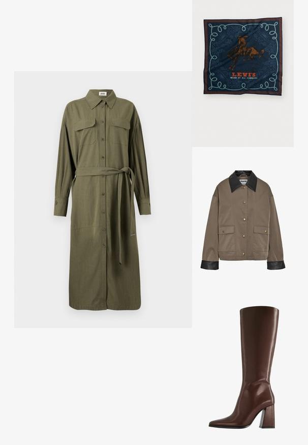 Jachetă maro cu nasturi, cu guler și manșete din piele neagră, având două buzunare frontale cu clapetă și închidere tip snap.; Rochie cambrată de culoare verde măslin, cu guler, mâneci lungi, două buzunare pe piept, închidere cu nasturi și o curea din același material pentru ajustare.; Botă din piele maro până la genunchi, cu vârful ascuțit și un toc chunky, transparent. Textură netedă cu detalii minime.; Săcul de mătase bleumarin cu un grafic cu un călăreț pe cal maroniu, un model decorativ cu frânghie albastră și textul „LEVI'S PURTAT DE TOȚI COWBOYI” în roșu.