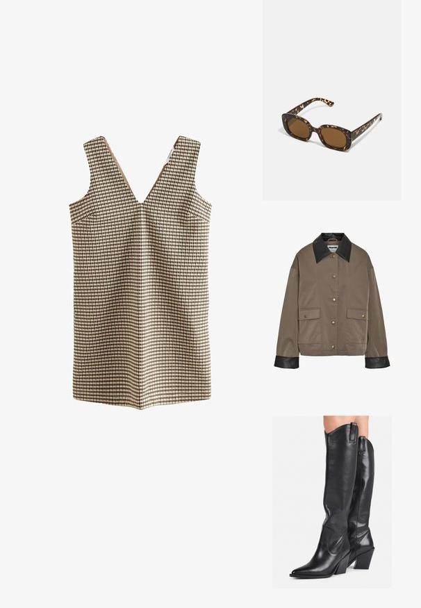 Brun knapplöst jacka med svart läderkrage och ärmslut, som har två framfickor med klaff och tryckknappar.; Rutig klänning med V-ringning, tillverkad av ett vävt tyg i beige, bruna och svarta nyanser. Har två sidfickor och inga stängningar.; Svarta läderstövlar i knähöjd med spetsig tå, böjd skaft och kraftig klack. Har en slät yta och dragflikar på toppen.; Sköldpaddsmönstrade solglasögon med en rund, kraftig ram och bruna linser. Har subtila mönster och raka, avsmalnande skalmar.