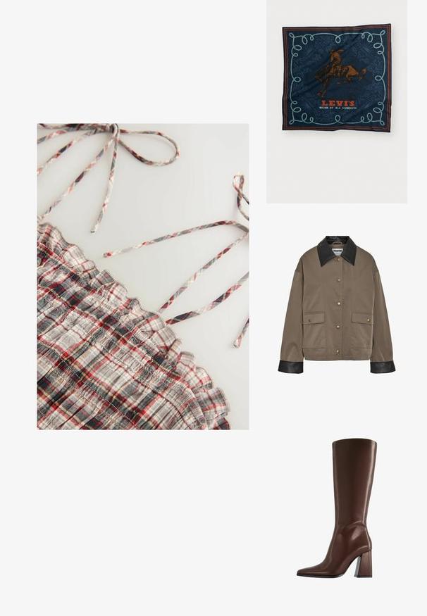 Brown buttoned jacket with black leather collar and cuffs, featuring two front flap pockets with snap closures.; Woven checkered top with gray, red, and black plaid patterns. Features ruffled edges and thin adjustable straps. Soft texture.; Brown knee-high leather boot with pointed toe and chunky mid-height heel shown in side profile on white background.; Navy silk scarf featuring a brown horse rider graphic, decorative blue rope pattern, and “LEVI’S WORN BY ALL COWBOYS” text in red.; Brown suede handbag with two sturdy handles, a rectangular shape, and decorative strap detail across the front.