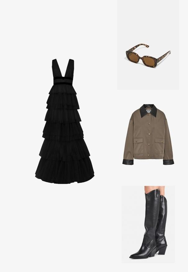 Braune Jacke mit Knöpfen und schwarzem Lederkragen sowie - bündchen, ausgestattet mit zwei seitlichen Taschen mit Druckknopfverschlüssen.; True Decadence Maxikleid - black; Schwarze, knielange Lederstiefel mit spitzem Zeh, gebogenem Schaft und blockiertem Absatz. Sie verfügen über eine glatte Textur und Zuglaschen an der Oberseite.; Schildpatt-Sonnenbrille mit einem runden, klobigen Rahmen und braunen Gläsern. Verfügt über dezente Muster und gerade, zulaufende Bügel.